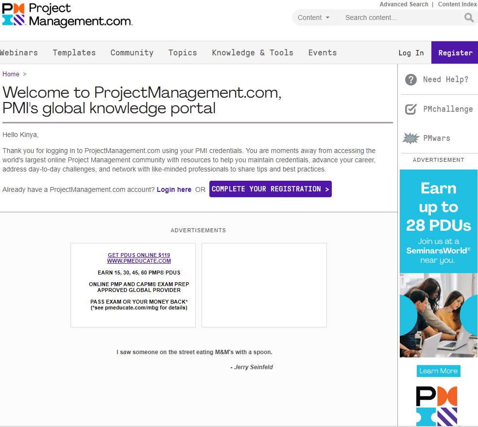 projectmanagement.com logged in page