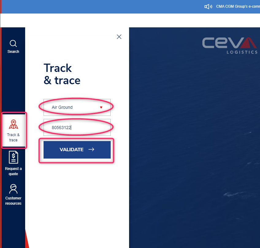 CEVA Logisticsホームページの荷物追跡メニュー